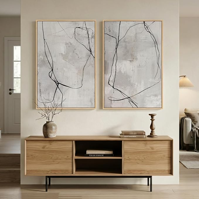 Framed Gray Abstract Wall Art for Living Room, Large Set of 2 Modern Minimalist Canvas Artwork for Walls, Contemporary Black Line Paintings Prints Wall Decor for Bedroom Dining Room Hallway, 24x36 In