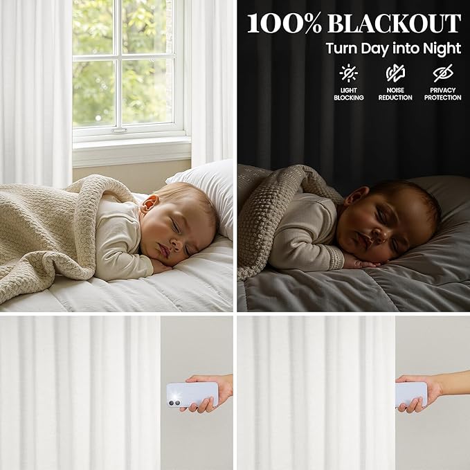 Topfinel 108 Inch Extra Long 100% Blackout Linen Curtains with Rod Pocket & Back Tab, Beige White Floor to Ceiling Drapes for Villa Bedroom Livingroom Boho Elevated Decor Beige White 52" W*108" L