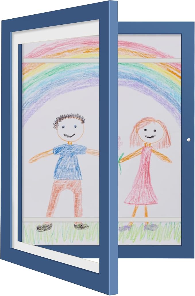 Kids Art Frames 8.5x11 - Front Opening Childrens Picture Frame Changeable, Wood Artwork Display Storage for Wall Mount, Magnetic Door Holds 50 Art Pieces for Drawings, 3D Picture, Crafts, Portfolio, Blue