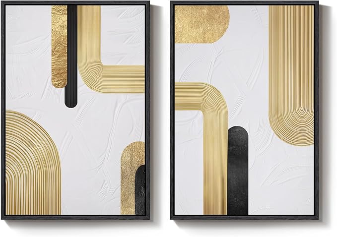 Large Framed Gold Abstract Wall Art Set of 2 for Living Room, Modern Minimalist Luxury Black White Canvas Artwork for Walls, Contemporary Line Painting Print Wall Decor for Bedroom Office, 24x36 Inch