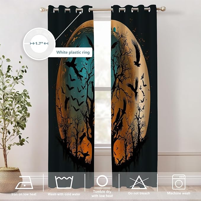 Shrahala Happy Halloween Funny Thermal Insulated Blackout Window Curtains, Yellowish Blue Moon Trees Bird Long Drapes for Bedroom/Living Room with Plastic Grommet, 52X84 Set of 2