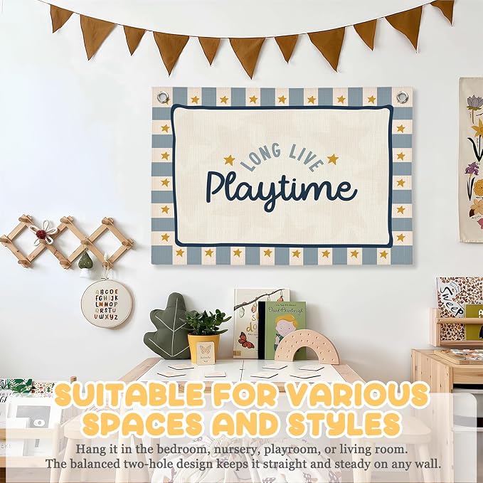 Playroom Wall Decor,Long Live Playtime Linen Canvas Banner,Navy Blue Toddler Playroom Decor Kids Room Nursery with Star Pattern Wall Decor for Toddler Boys Toy Room Bedroom,30x20 Inch