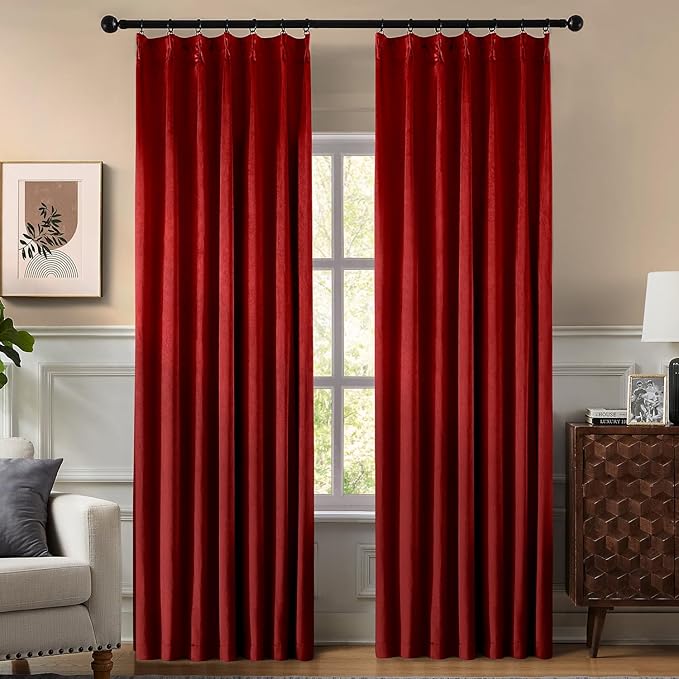 Pinch Pleated Blackout Curtains for Bedroom, Red Velvet Curtains for Living Room, Black Out Curtain 96 inch Long Room Darkening, Blackout Pinch Pleatd Drapes with Hooks 2 Panels