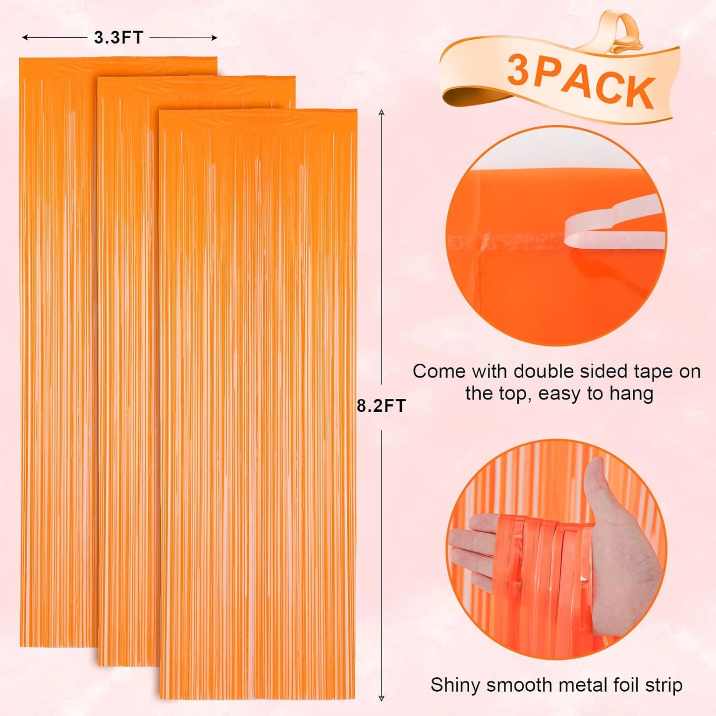3 Pack 3.3x8.2 Feet Orange Foil Fringe Backdrop Curtains, Tinsel Streamers Birthday Party Decorations, Fringe Backdrop for Graduation, Baby Shower, Gender Reveal, Disco Party