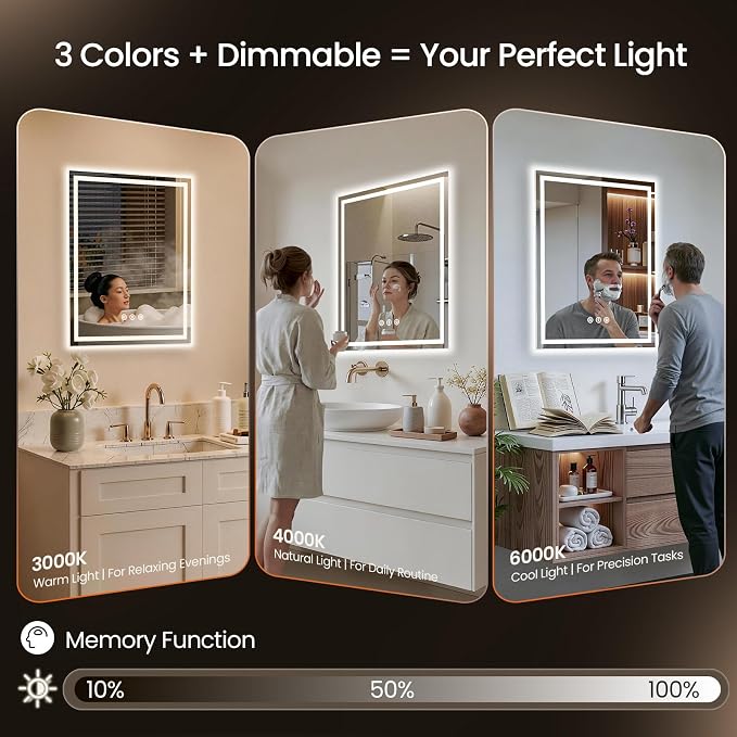 32X36 LED Bathroom Mirror with Lights, Anti-Fog, Backlit + Front Lit (CRI>90), Lighted Bathroom Vanity Mirror for Wall, Memory Function, Dimmable, Tempered Glass, Shatter-Proof