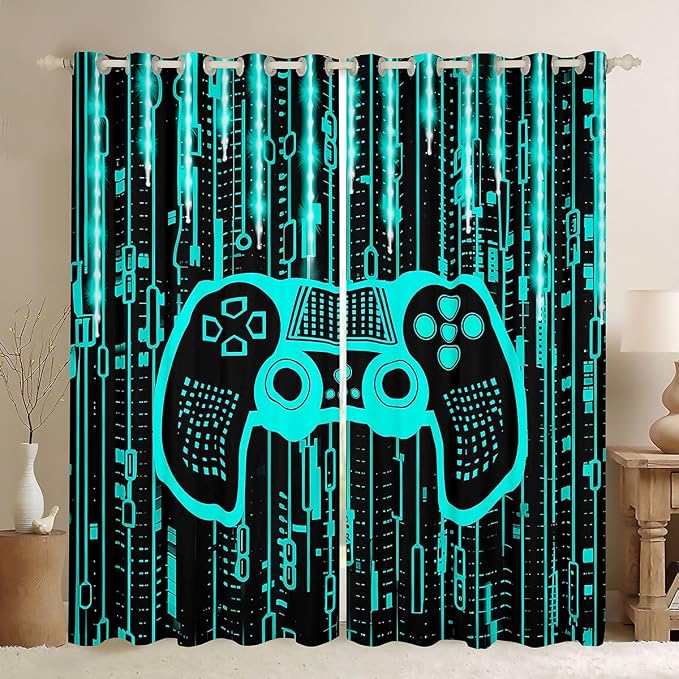 Feelyou Kids Boys Blue Gamer Window Curtains Gamer Darkening Drapes Light 3D Gaming Blackout Curtains Toddler Game Room Window Treatments Gamepad (2 Panels, 38 x 54 Inch)