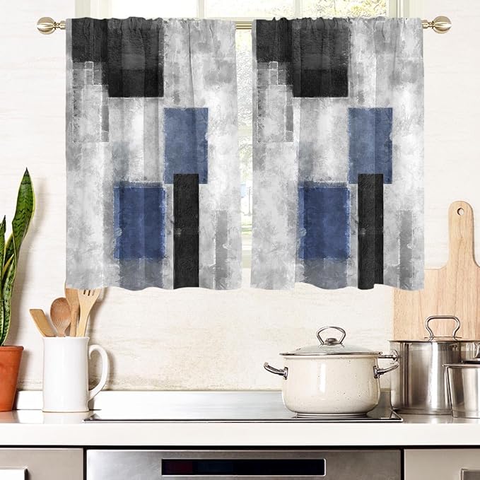 AAtter Blue Black Grey Window Curtain for Kitchen Navy White Gray Abstract Geometric Aesthetic Minimalist Living Room Bedroom Bathroom Drapes Treatment Tiers Fabric 1 Pair, 27.5" W x 45" L, Modern