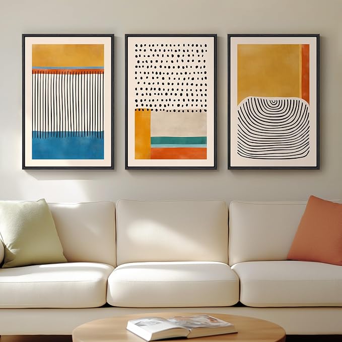 Framed Colorful Abstract Wall Art for Living Room, 3 Piece Mid Century Modern Canvas Paintings Prints Artwork for Walls, Large Modern Triptych Pictures Wall Decor for Bedroom Home Office, 16x24 Inch