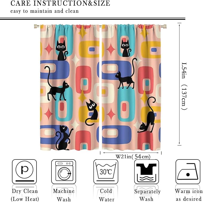 JESTRONRY Mid Century Style Curtains, Black Cat Modern Abstract Geometric 1950s 60s Vintage Colorful Blackout Rod Pocket Window Drapes for Living Room Bedroom Home Decor 42x54in