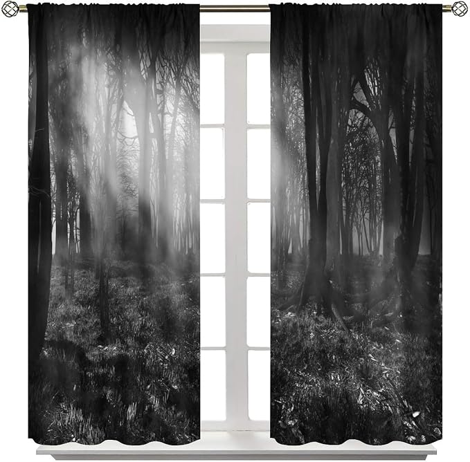 Dark Forest Blackout Curtains,Gothic Nature Misty Forest Trees Landscape Windows Treatments Rod Pocket Drapes for Living Room Bedroom Kitchen 63x63in