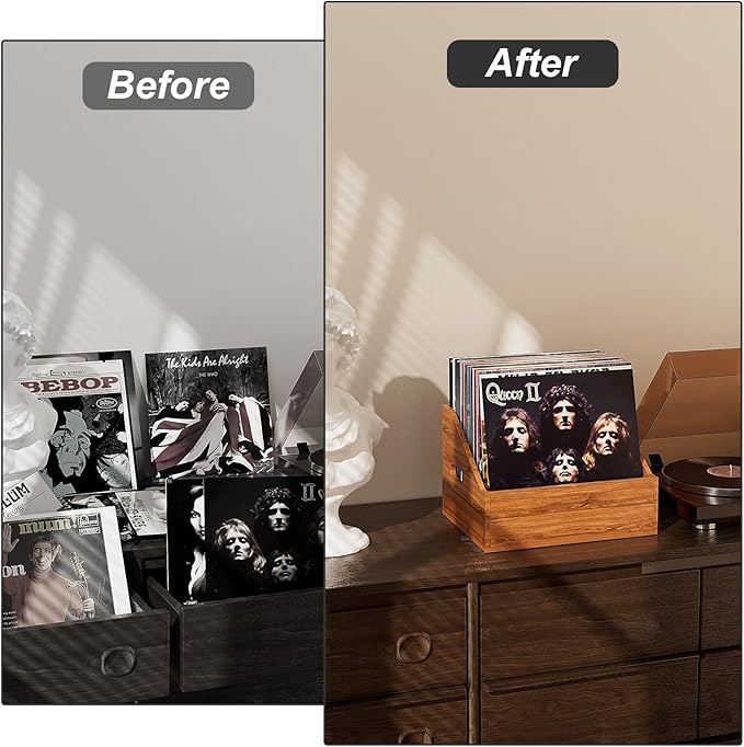 Wood Vinyl Record Storage, Retro & Durable Vinyl Crate and Record Holder, Album Storage Record Case Box for 60+ Records, Perfect Record Organizer for Home Decor and Collection Display(Brown)