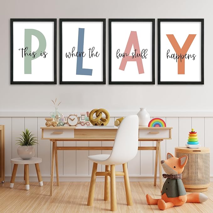 This Is Where Fun Stuff Happens Kids Playroom Wall Decor PLAY Quote Art | Motivational Prints for Nursery, Black Wood Frame, Set of 4, 11x16 Inches , Let's Play Sign for Toddler Boys, Ready to Hang