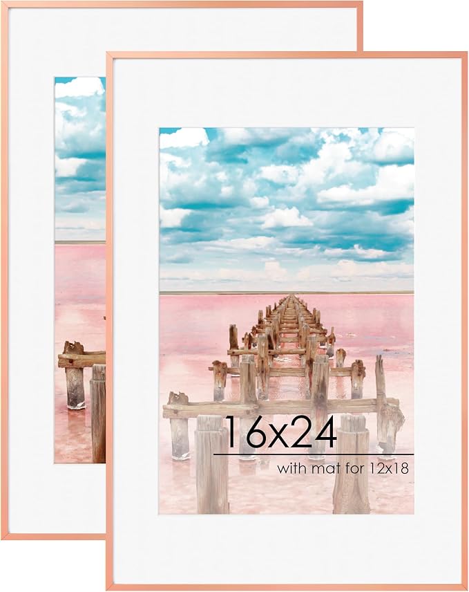 FLYJOE 16x24 Frame | 16x24 Poster Frame With Mat For 12x18 | Metal Aluminum Picture Frame With Tempered Glass | Minimalist Modern Poster Frame | Hanging Hardware Included | Set of 2, Rose Gold