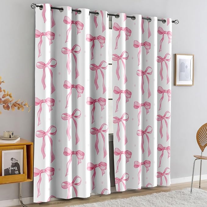 LUVIVIHOME Pink Bow Curtains, Cute Blackout Curtains for Girls Bedroom, Kids Room Decor, Aesthetic Girly Curtains, 2 Panel Sets, 42x84 Inch