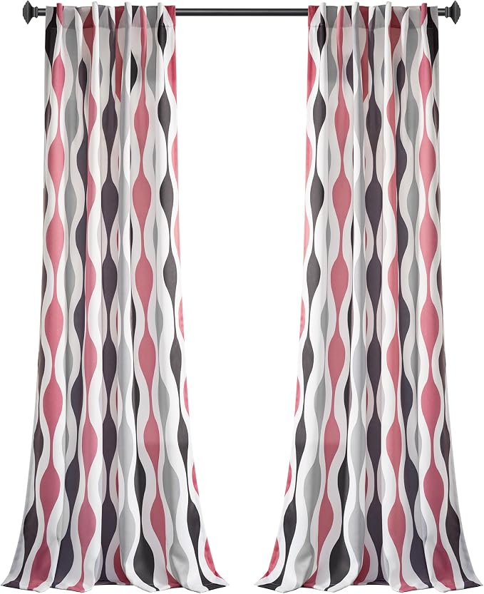Lush Decor Mid Century Geo Room Darkening Window Curtain Panels Pair 52" W x 95" L Coral & Gray - Retro Curtains for Living Room - Vintage Drapes