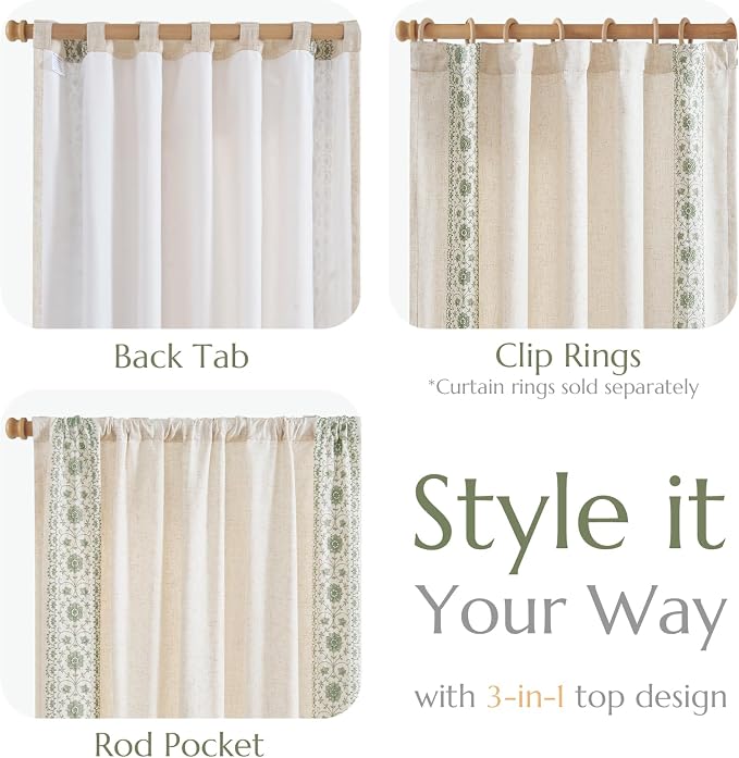 jinchan Weslie Boho Lined Linen Curtains for Living Room Sage Green Vintage Floral Farmhouse Curtains 108 Inches Long Linen Drapes for Bedroom Embroidered Extra Long Drapes Sage 2 Panels