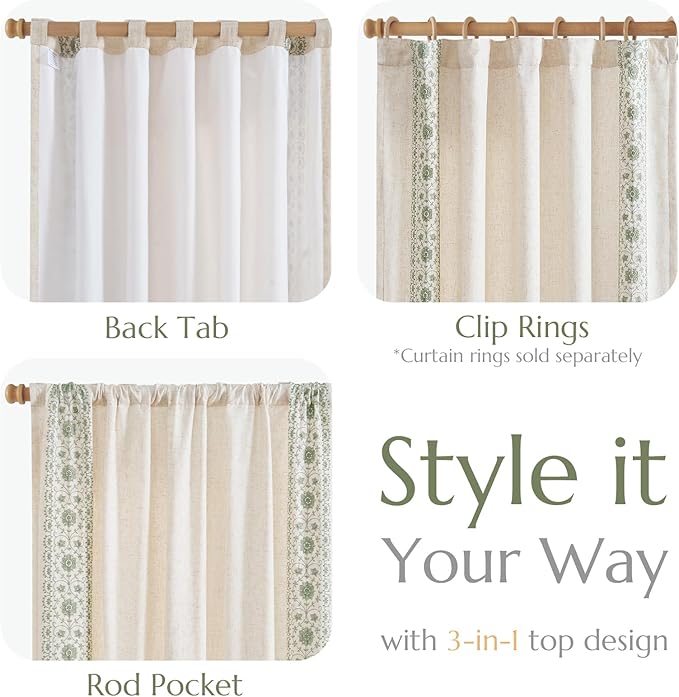 jinchan Weslie Boho Lined Linen Curtains for Bedroom Sage Green Vintage Floral Farmhouse Curtains 63 Inch Length Linen Drapes for Living Room Embroidered Drapes Sage on Beige 2 Panels