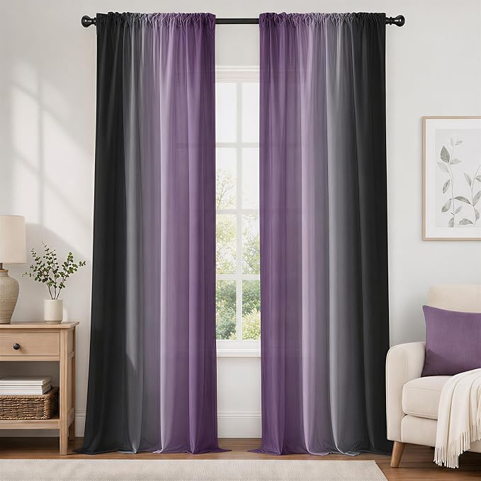Purple and Black Curtains for Living Room 84 Inch Length Ombre Curtains 2 Panel Bedroom Black and Purple Curtains Rod Pocket Light Filtering Window Curtain Modern Gradient Drapes