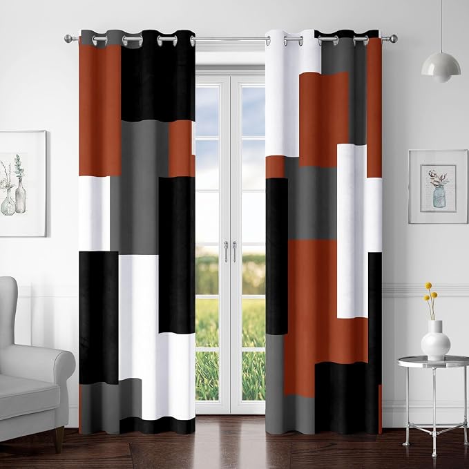 Tyrot Burnt Orange 100% Blackout Curtains for Bedroom 72 inch Length 2 Panels Set Grey Modern Abstract Geometric Fall Black Out Curtains Insulated Room Darkening Window Drapes for Living Room, 52Wx72L