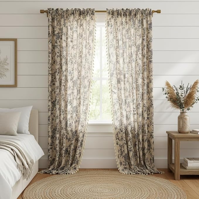 OYX Boho Blue Floral Curtains 63 Inch, Linen Farmhouse Toile Rose Drapes with Tassels, Light Filtering Semi Sheer Curtains for Living Room Bedroom, 2 Panels, Rod Pocket, 52Wx63L
