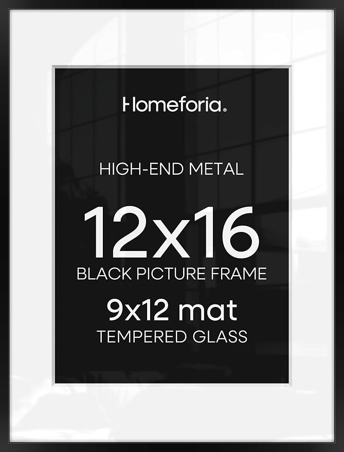 Homeforia 12x16 Picture Frame Black, High End Metal 12x16 Poster Frames with Mat 9x12 for Photo, 12 x 16 Black Frame Matted to 9 by 12 inch Print, 16x12 Thin Frames, Tempered Glass, Wall Kit, Set of 3