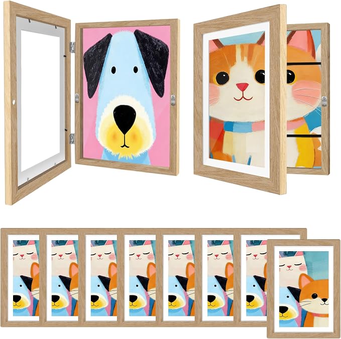 8 Pack Kids Art Frames 8.5x11 Inch Kids Artwork Flip Frame Changeable for Picture Display, Children School Drawing Projects Storage, Horizontally Vertically Wall Hanging, Front Opening, Wood