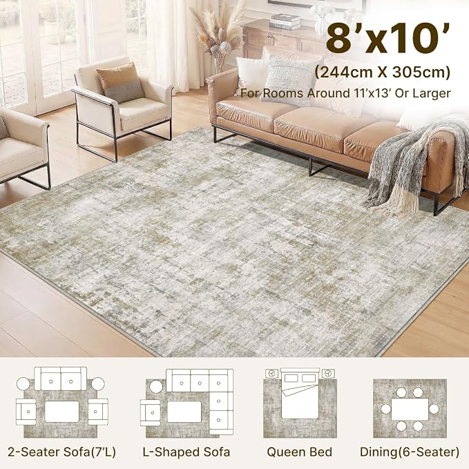 8x10 Area Rugs Washable Living Room Rug-No Slip Soft Carpets Modern Abstract Indoor Floor Stain Resistant Large Carpet for Bedroom Dining Room Farmhouse Nursery Home Office Tan