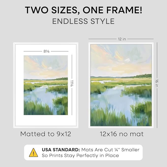 Homeforia 12x16 Picture Frame White, High End Metal 12x16 Poster Frames with Mat 9x12 for Photo, 12 x 16 White Frame Matted to 9 by 12 inch Print, 16x12 Thin Frames, Tempered Glass, Wall Kit, Set of 2