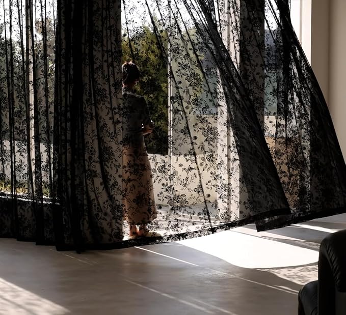 Black Lace Curtains for Living-Room 84 inch Length, Fine Rose and Leaf Embroidered Light Filtering French Country Curtains for Bedroom, Vintage Delicate Floral Sheer Window Drapes 52"w Rod Pocket