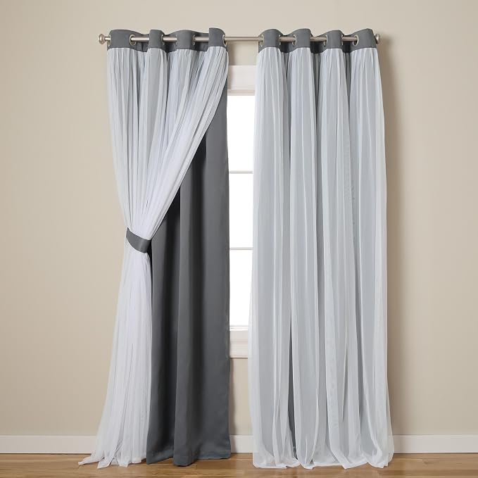 TOWN & COUNTRY LUXE Talia Double Layer Indoor Curtains, Sheer and Room Darkening Blackout, Grommet Top, Energy Efficient, 2-Pack Set, 52"x120", Black Pearl