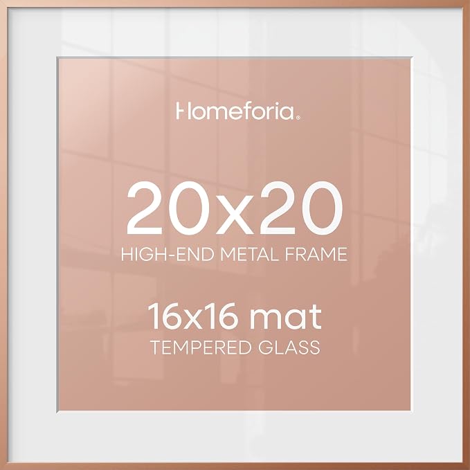Homeforia 20x20 Picture Frame Rose Gold, High End Metal 20 x 20 Square Poster Frame with Mat 16 x 16 Photo, 20x20 Frame Matted to 16x16 Print, 20by20 Hanging Frames, Tempered Glass, Wall Kit, Set of 1