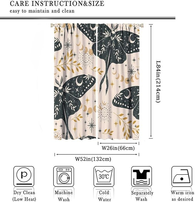 Witchy Curtains, Goth Curtains, Moth Decor, Star Curtains, Moth Curtains Darkening Curtains Botanical Curtains for Bedroom Living Room W52xL84 Inch