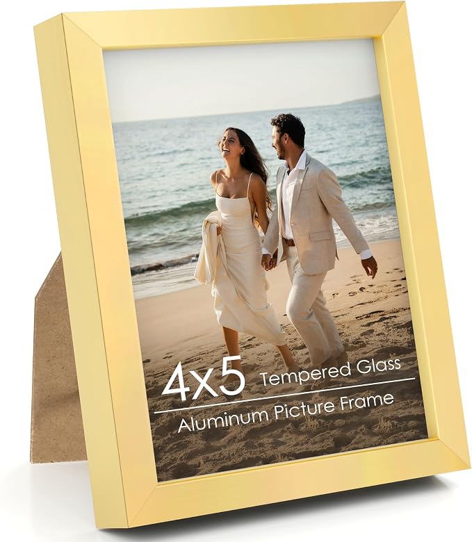 FLYJOE 4x5 Metal Picture Frame - Gold Aluminum Picture Frames with Real Glass for Wall Hanging or Tabletop, Horizontally or Vertically, 4 x 5 Wall Gallery Poster Photo Frames for 4 by 5 Photo, Gold