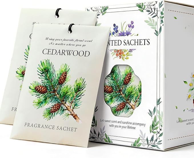 Cedarwood Scented Sachet Bags - 12 Pack Drawer & Closet Freshener, Long Lasting Odor Eliminator for Wardrobes, Cars & Storage, Home Fragrance Air Freshener Sachets