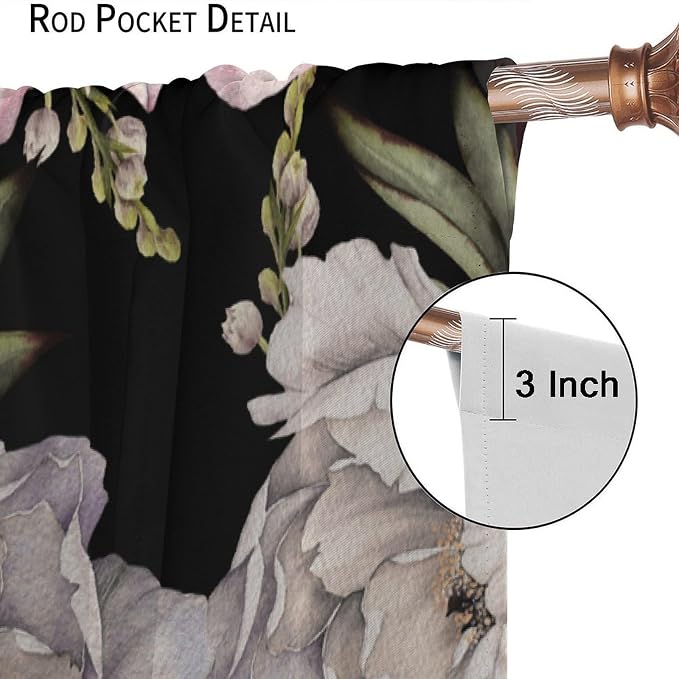 Black Boho Floral Curtain Vintage Watercolor Rose Peony Retro Pink Blossom Flowers Rustic Spring Lea for Home Kitchen Restaurant Decoration Drapes 2 Panels 55x63in, Style-3