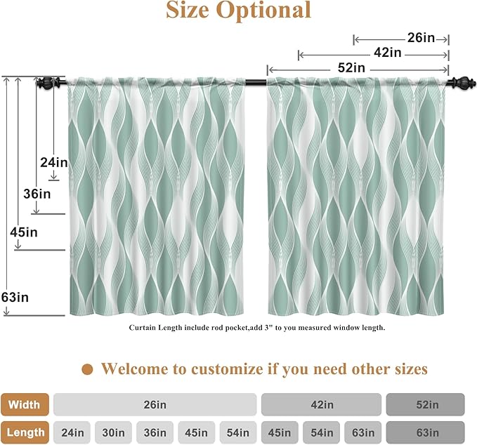 Renaiss 26 x 54 Inch Blue Green Wave Stripes Cafe Kitchen Curtain Tiers Geometric Pattern Cafe Short Curtains Linen Textured Rod Pocket Window Treatmen Curtain for Dining Room Bathroom 2 Panels