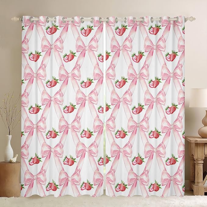 Erosebridal Strawberry Bow 52" Wx63 L Window Treatments Pink Kawaii Bowknot Curtain for Kids Girls Teen Women,Ribbon Bow Window Curtain Geometric Fruit Bowknot Curtains & Drapes