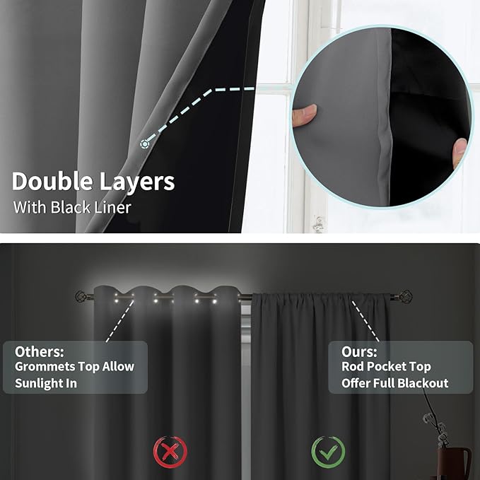 BGment 100% Blackout Curtains for Bedroom 45 Inch Length 2 Panels, Thermal Insulated Room Darkening Curtains Rod Pocket Soundproof Bedroom Living Room Window Curtains, Dove Grey, Each 42 Inch Wide