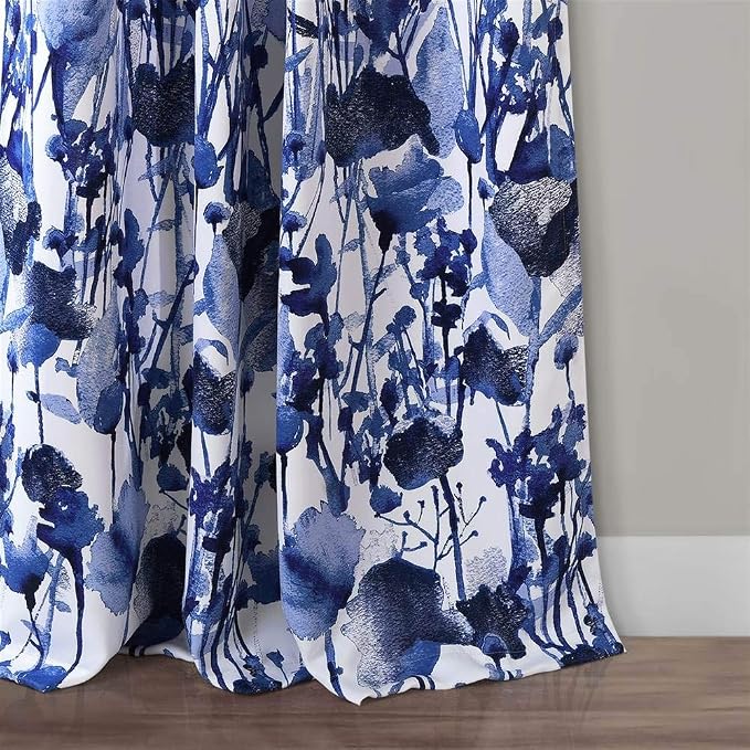 LUSH DÉCOR, 84” x 52”, Navy Lush Decor Zuri Flora Curtains Light Filtering Window Panel Set for Living, Dining, Bedroom (Pair)
