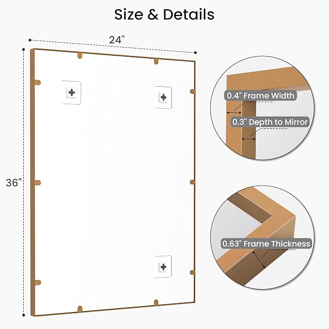 2-Pack 24"x36" Vintage Gold Framed Bathroom Vanity Wall Mirrors | For Over Sink, Warm Champagne Bronze Finish, Subtle Fine-Grain Texture, Deep-Set Metal Frame, Tempered Glass