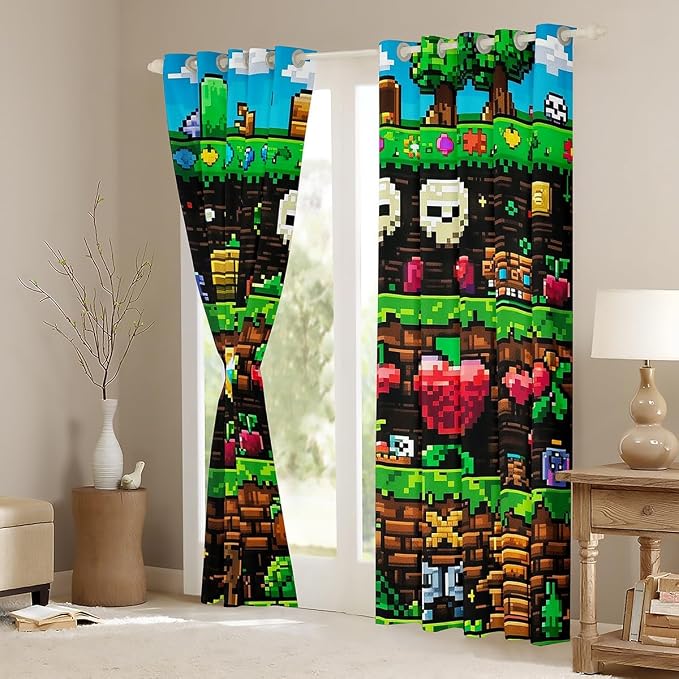 Castle Fairy Video Games Window Curtain,Colorful Pixelated Themed Bedroom Decor Curtains for Kids Boys Teens,Sandbox Block Window Treatment Funny Games Blackout Drapes 2 Panels,52Wx84L