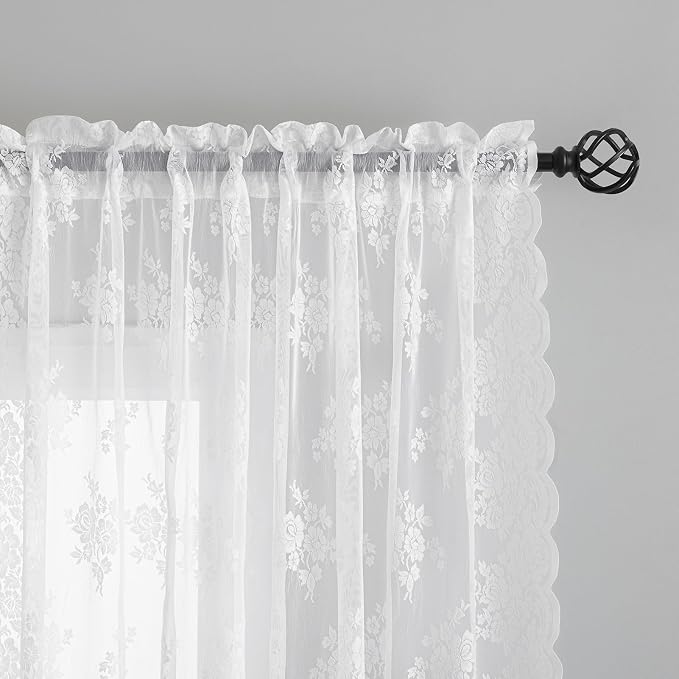 Kotile White Lace Curtains 96 Inches Long 2 Panels, Country Rustic Floral Design Scalloped Lace Curtain Panels for Living Room, Rod Pocket Privacy Sheer Lace Curtains, 42 x 96 Inch Each, White