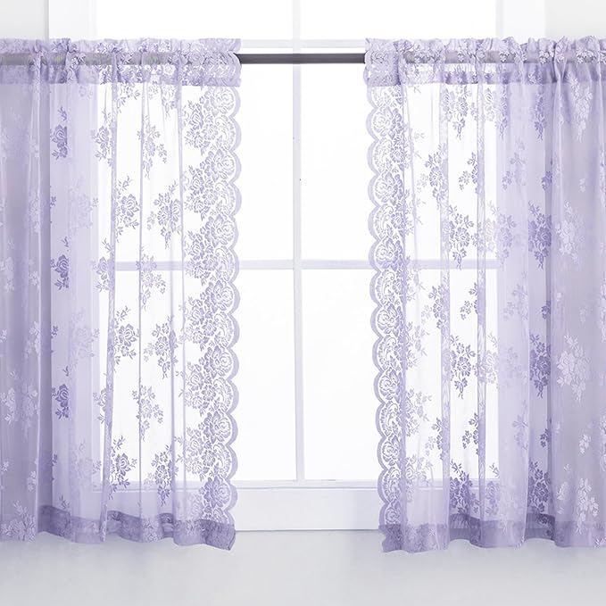 Light Purple Short Sheer Curtains 36 Inch Length, 2 Panels, W42 x L36 Inch Each, Country Rusitc Floral Vintage Small Lace Curtains for Kitchen Window Over Sink, Rod Pocket Privacy Lacy Tier Curtain