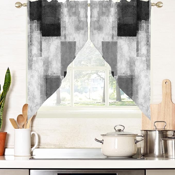 AAtter Black Grey Kitchen Valance Curtain for Window Gray Abstract Dark White Cool Ombre Small Short Swag Topper Bathroom Living Room Bedroom Rod Pocket Drapes Fabric 1 Pair, 28" W x 36" L, Geometric
