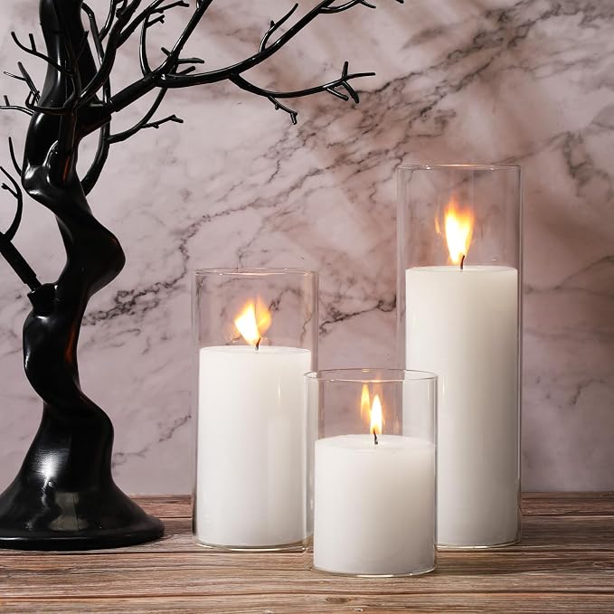 Shihanee Set of 6 Pillar Candles with Glass Cylinder Vases Clear Cylinder Hurricane Candleholders for Slim Tall Pillar Candles Wedding Table Centerpieces(3'' X 5.9", 7.9", 9.8",White)