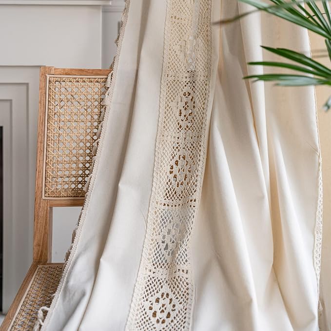Sutuo Home Boho Curtain Crochet Lace Patchwork Semi-Blackout Bohemian Handmade Tassels, Rod Pocket Window Treatment Vintage Rustic Farmhouse Drapes for Bedroom, 1 Panel 59" W x 96" L, Beige