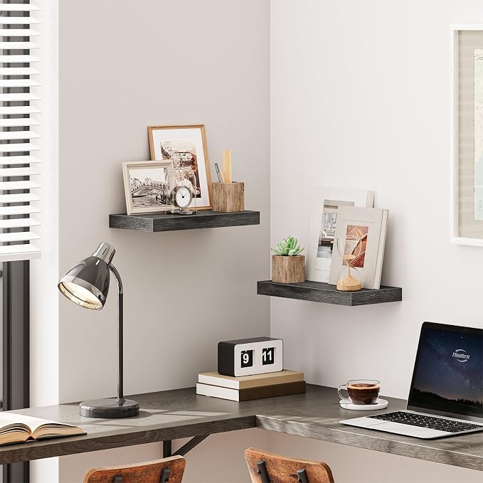 HOOBRO Floating Shelves for Wall, Wall Mounted Shelf Set of 2, 15.7" Hanging Shelf with Invisible Brackets, for Wall Decor Storage in Bathroom Bedroom Kitchen Livingroom Office, Charcoal Gray BC40BJ01