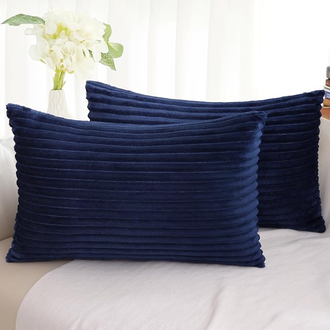 Simmore Decorative Fall Throw Pillow Covers 12x20 Set of 2, Soft Natural Plush Flannel Double-Sided Fluffy Rectangle Pillow Covers for Couch Sofa Living Room, Navy Blue