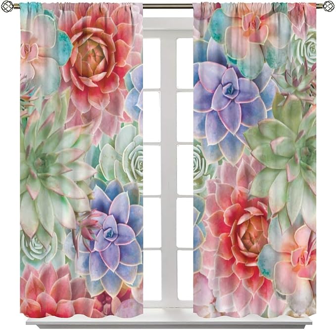 Boho Cactus Floral Curtain Tropical Colorful Succulent Plants Beautiful Flower Retro for Home Kitchen Restaurant Decoration Drapes 2 Panels 52x96in, Style-5