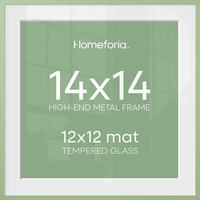 Homeforia 14x14 Picture Frame Sage Green, High End Metal 14 x 14 Square Poster Frames with Mat 12 x 12 Photo, 14x14 Frame Matted to 12x12 Art, 14by14 Hanging Frames, Tempered Glass, Wall Kit, Set of 2